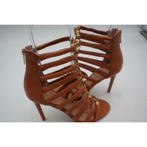 Vince Camuto Tan Caged Gladiator Stiletto Heels Gold Hardware & Back Zip Size 8M